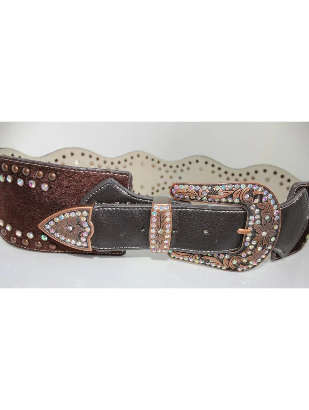 Nocona Women's Brown Hair on Hide Scalloped Bling Cross Belt Size L Copper A1504